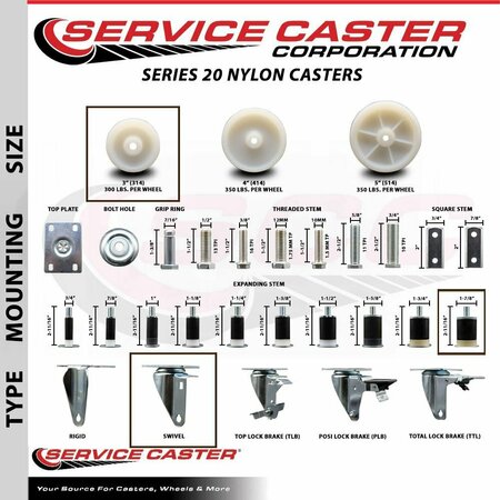 Service Caster 3'' Nylon Wheel Swivel 1-7/8'' Expanding Stem Caster Set, 4PK SCC-EX20S314-NYS-178-4